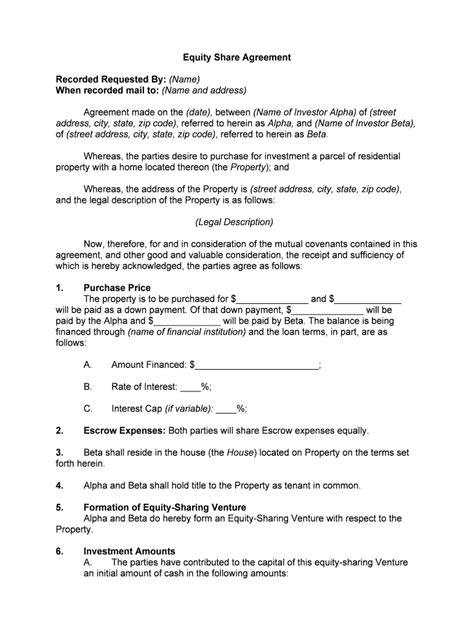 Simple Equity Agreement Template For Your Needs