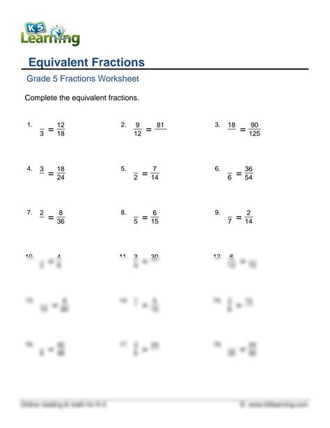equivalent fractions grade 5 examples with answers