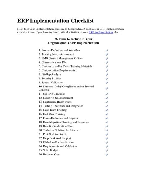 A visual representation of an ERP implementation checklist showing different stages and checked boxes for completion.