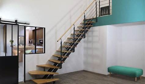 Escalier modulaire Long, marches bois/ structure métal chromé