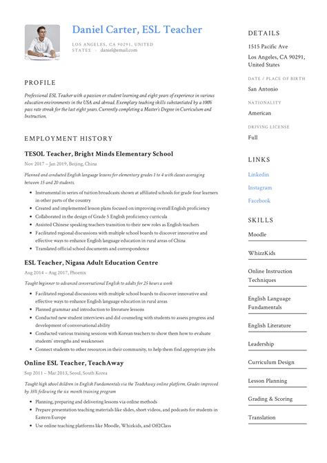 esl teaching cv examples