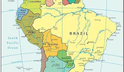 Carte muette, fond de carte : Amérique du Sud, littoraux, Etats (grisé)
