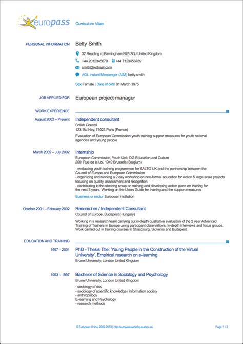 europass student cv example