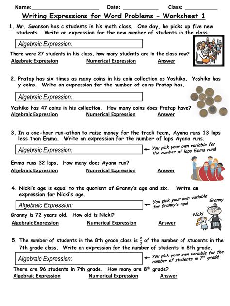 evaluating algebraic expressions word problems worksheet pdf