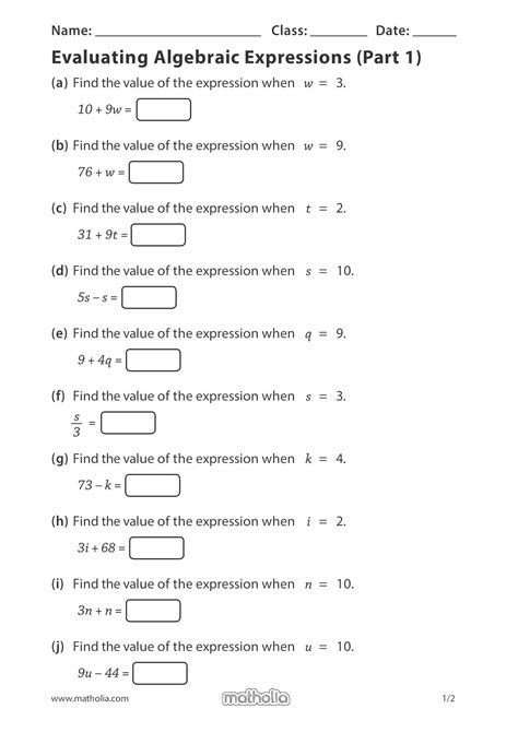 evaluating algebraic expressions worksheet 6th grade