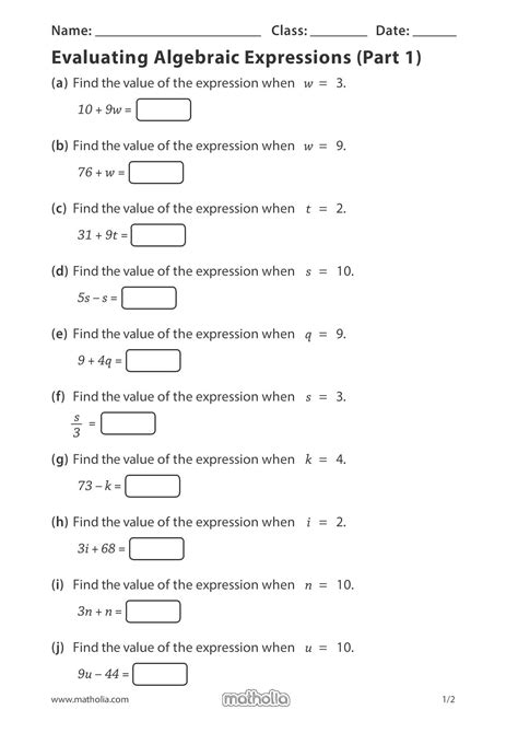 evaluating algebraic expressions worksheet pdf grade 7