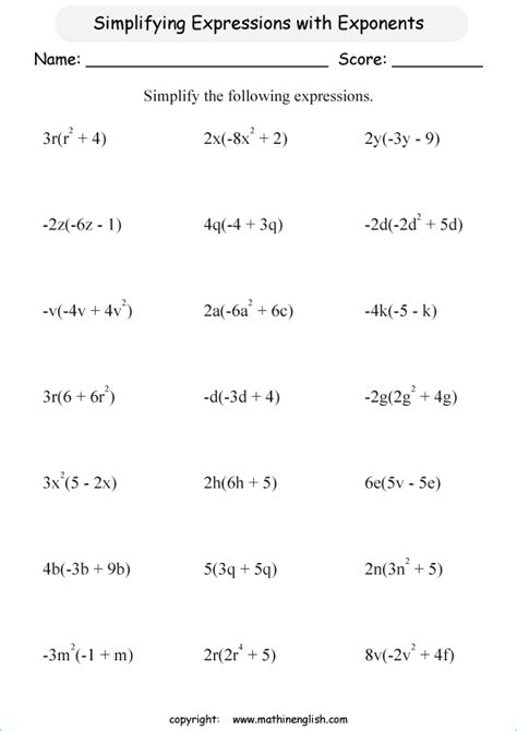 evaluating variable expressions with exponents worksheet