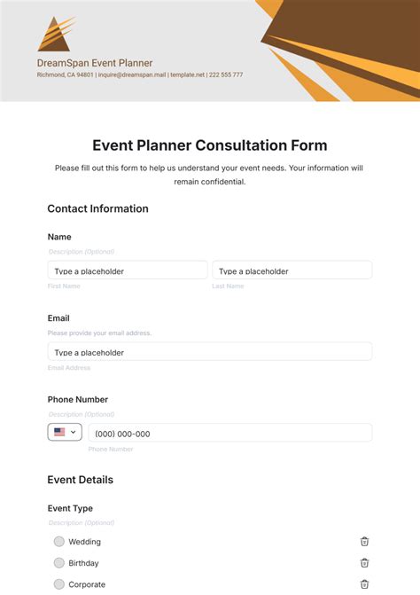 event planner consultation form template
