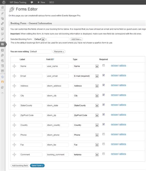events manager booking form template