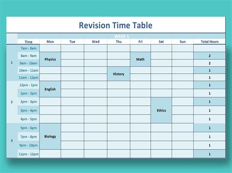 exam revision timetable template excel