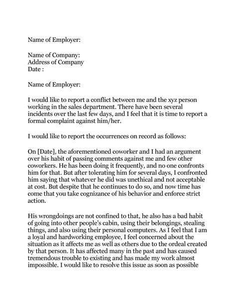 Formal Letter Of Complaint To Employer Template Doctors