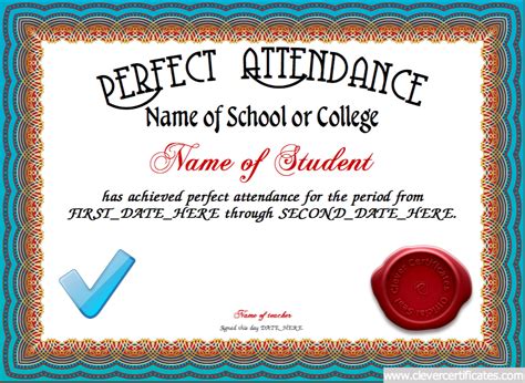 Perfect Attendance Award Certificates Free Instant Download