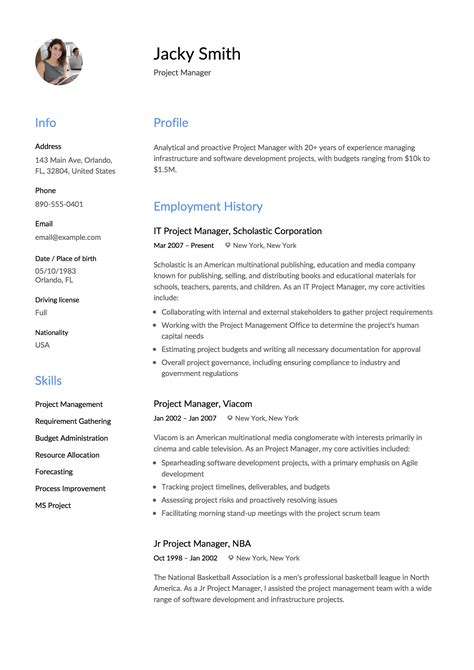 example cv for project manager