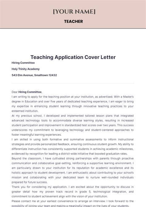 example of an application letter for a teaching position
