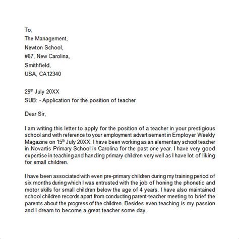 example of an application letter for a teaching post