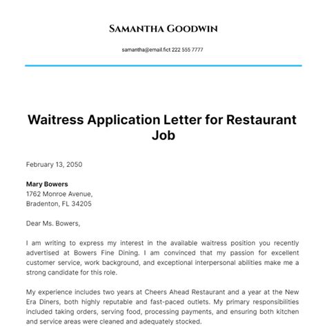 example of an application letter for the post of a waitress