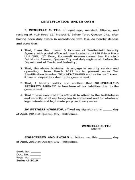 Example Of Certification Under Oath