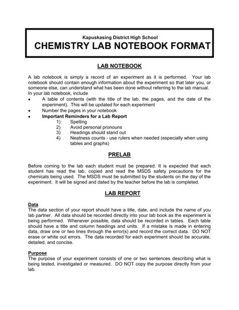 Example Of Chemistry Lab Notebook