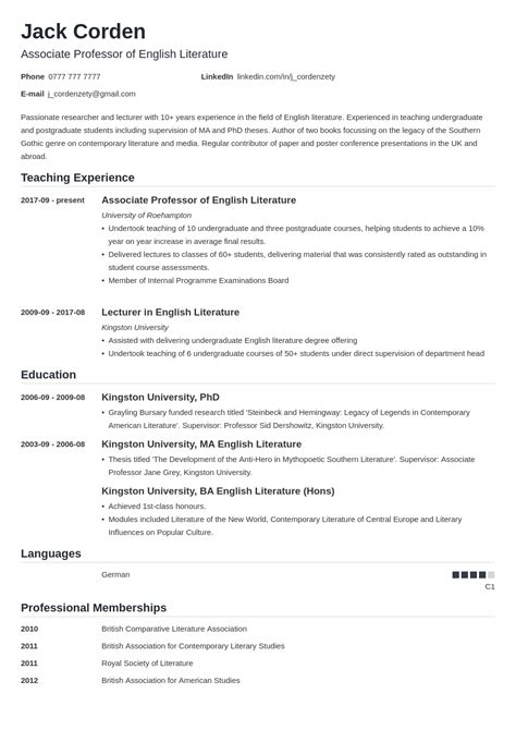 example of curriculum vitae for university application