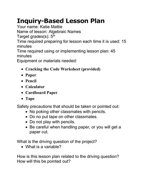 example of inquiry based math lesson plan