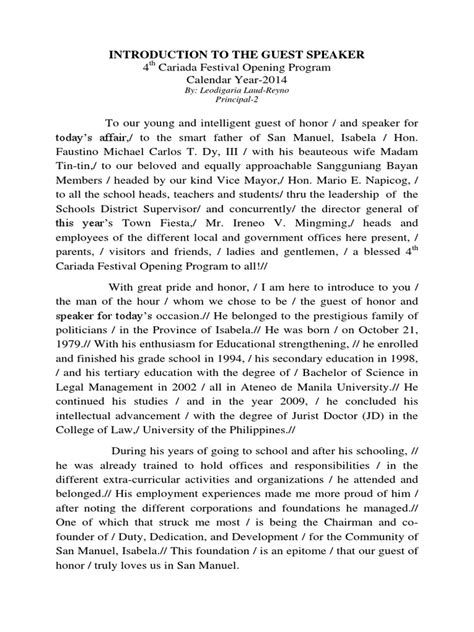 example of introduction of guest of honor and speaker