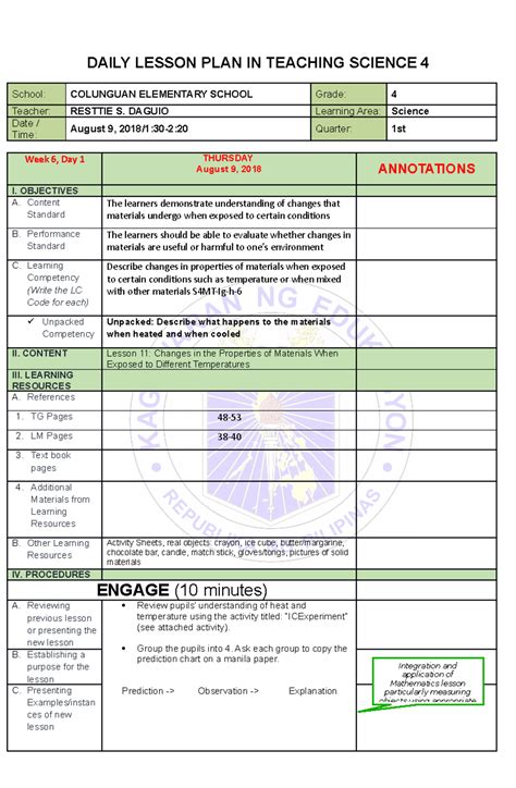 example of lesson plan in science