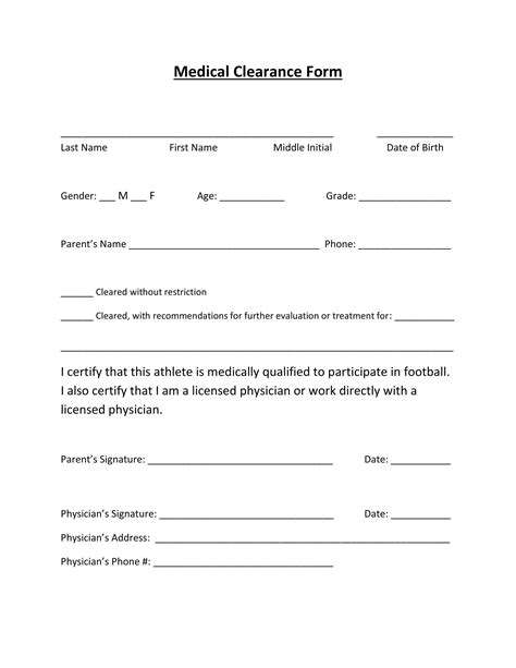 Example Of Medical Clearance Form