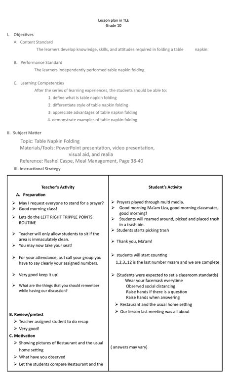 example of objectives in lesson plan in tle