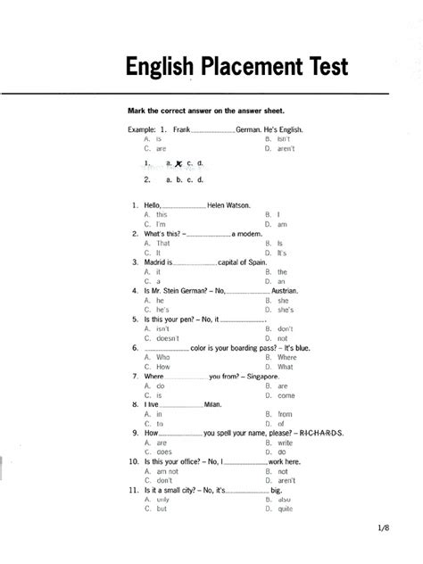example of placement test in english