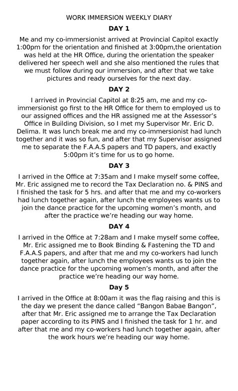 example of weekly diary in work immersion