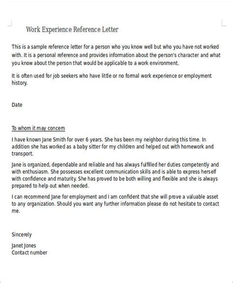 example of work experience reference letter