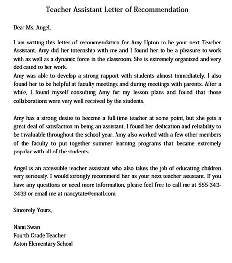 example reference letter for teaching assistant