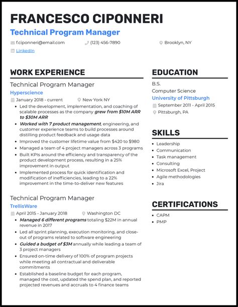 example technical program manager resume