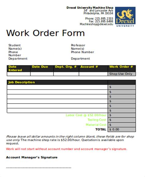 Work Order Format Template Sample