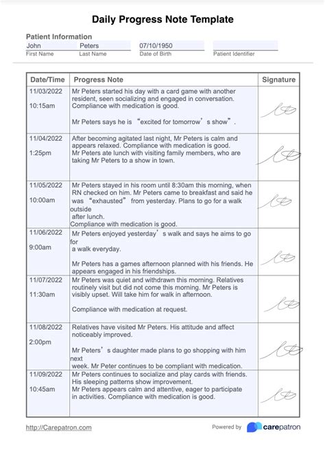 Examples Of Activity Progress Notes
