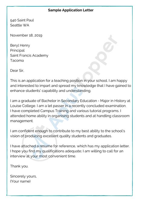 Examples Of Application Letter To School