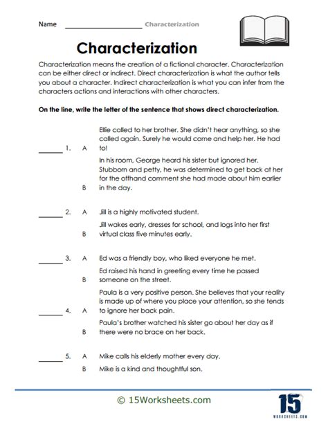 examples of direct and indirect characterization worksheet