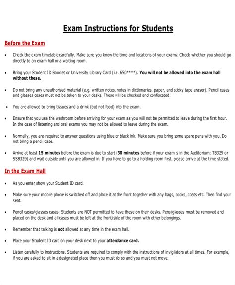 examples of instructions for exams