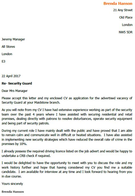 Examples Of Security Job Application Letter