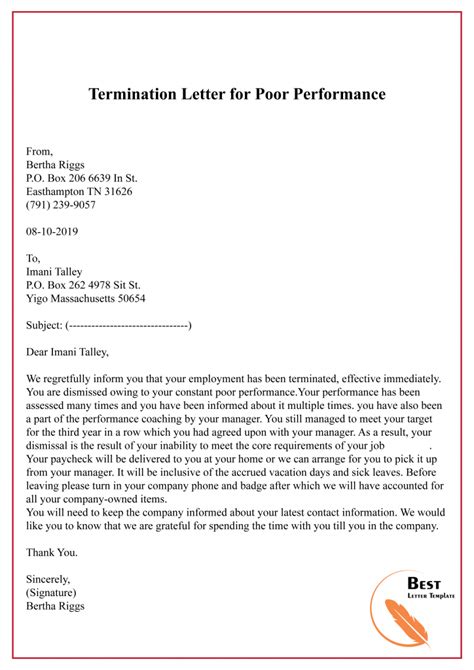examples of termination letters due to poor performance