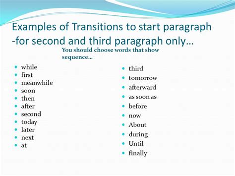 examples of transition words to start a paragraph
