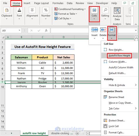 excel automatically autofit row height