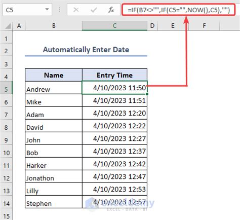 excel automatically enter date and time when data entered