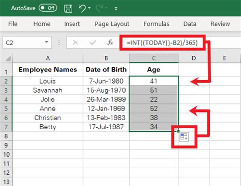excel calculate age from dob column