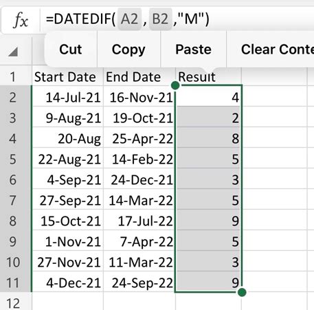 excel calculate partial months between two dates