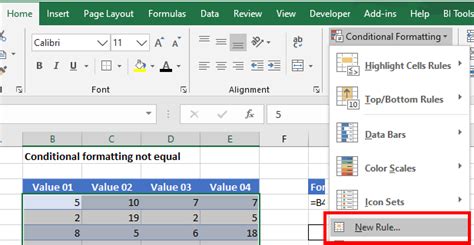 excel conditional formatting not equal to text