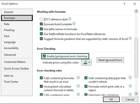 excel enable background error checking
