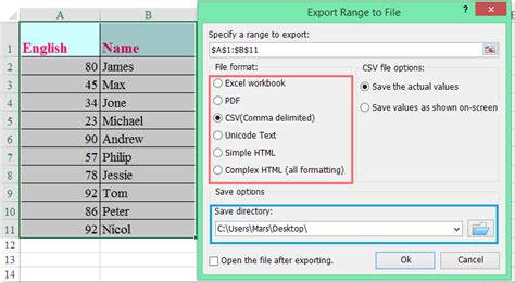 excel export range to csv