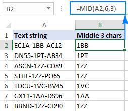 excel extract the middle of a text string