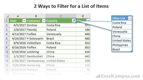 excel filter values from list